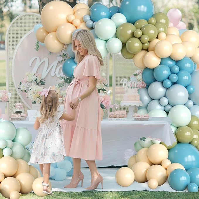 Dusty Green Blue Balloon Arch Kit, Pastel Sage Green Slate Blue Beige Apricot Latex Balloons Garland Kit for Women Men Neutral Birthday Wedding Baby Bridal Shower Jungle Safari Party Decorations