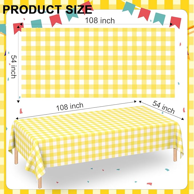 WNINK 4 Pack Light Yellow Gingham Rectangular Plastic Tablecloths, Yellow and White Checkered Disposable Table Covers 54" x 108" for Birthday, Wedding, Bridal Shower, Outdoor Picnic Camping Parties
