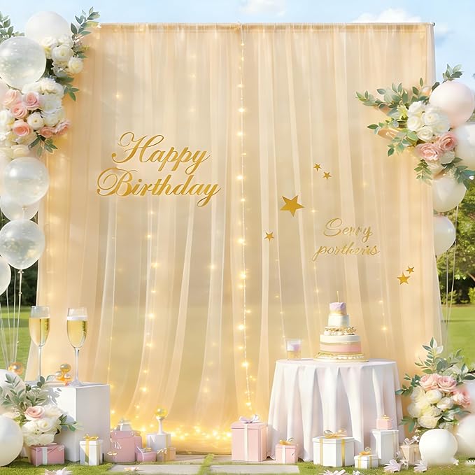 Champagne Tulle Backdrop Curtain with Lights, Elegant Sheer Photo Backdrop Drapes, Soft Fabric Curtain for Weddings Brithday Baby Shower Parties Photography Background Decor, 10ftx8ft