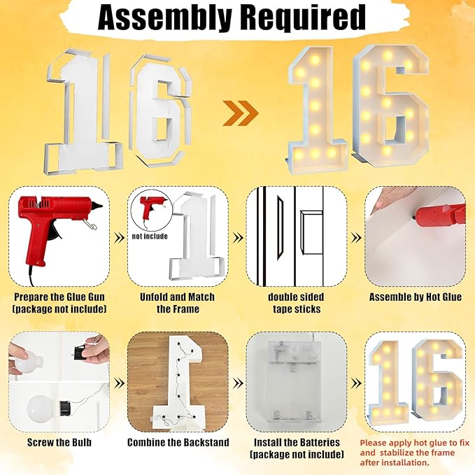 4ft Light Up Numbers Marquee 16 Numbers with Lights White Slots-in Frame for Men Women 16th Birthday Party Decorations Pre-Cut Mosaic Cardboard Large Cut-Out Thick Foam Board Sign Anniversary