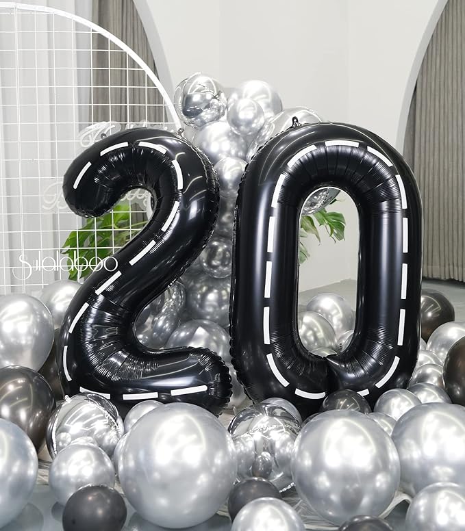 Race Car 40Inch Black 20 Balloon Number Large Helium Race Track 0-9 Giant Digital 20th Foil Mylar Big Party Number Balloons for Boy Birthday Car Theme Party Anniversary Graduation Decorations