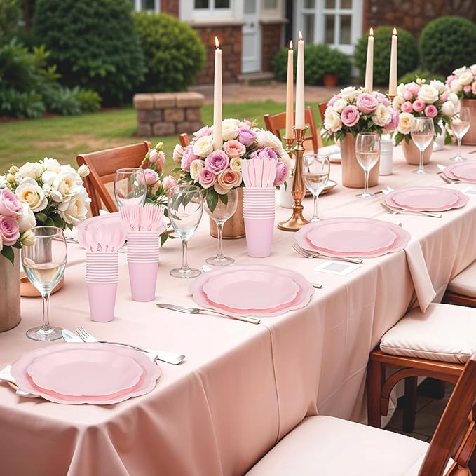 350 Pcs Pink Paper Plates and Napkins Set Include 9" Easter Plates, 7" Dessert Plate Disposable Scalloped Tableware Serve 50 Guest for Wedding Baby Shower Bridal Shower Birthday Mother's Day
