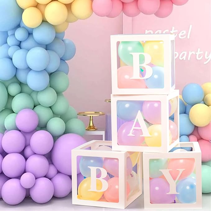 Baby Boxes with Letters for Baby Shower, 4 Transparent Balloon Boxes with Letters for Gender Reveal Birthday Wedding Baby Shower Decorations(Pastel Balloons)