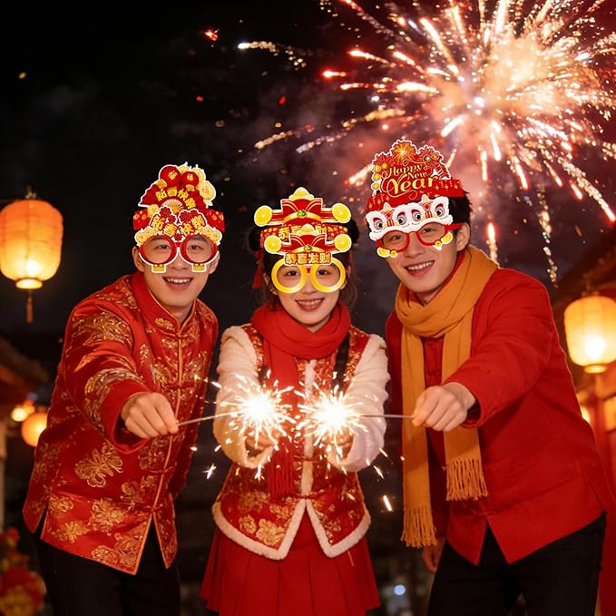 YVAINE 24pcs Chinese New Year Photo Props Party Supplies, 2026 Lunar New Year Crown Hats and Paper Eyeglasses for Year of The Horse 2026 Spring Festival Party Supplies
