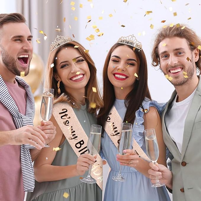 CAVETEE Birthday Crowns for Women - Its My Birthday Sash and Crown Set for Adult Women - Rose Gold