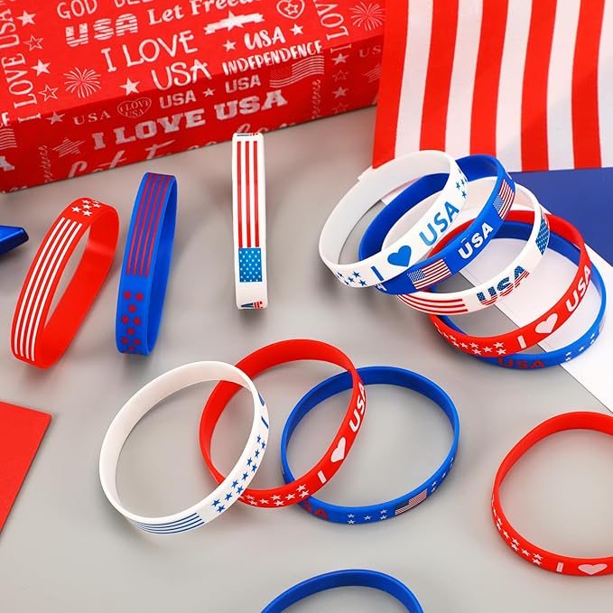 JUNEBRUSHS 42pcs 4th of July Party Favors Silicone Bracelets American Flag Red White and Blue Rubber Wristbands for Patriotic Independence Day Party Holiday Decorations Accessories Gift (6 Designs)