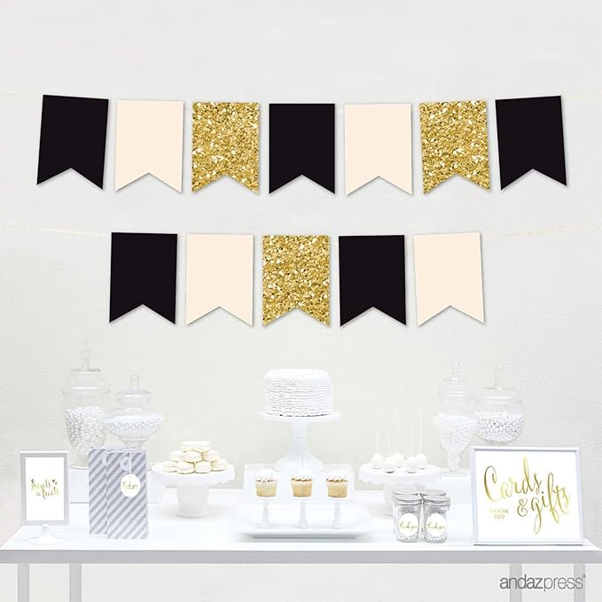 Andaz Press Hanging Pennant Banner with String, Black, Ivory, Faux Gold Glitter, 1-Set, 24 Pennants, Approx. 12-Feet Long