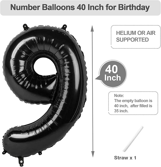 Black Balloon Numbers 9, Big 40 Inch Happy 9 19 29 90 Birthday for Men And Women, Foil Balloons Decoratins for Wedding Anniversary, Christmas, New Year, Halloween Party Syupplies