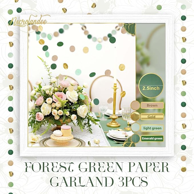 NICROLANDEE Wedding Party Decorations - 3 Pack Sage Green Dots Paper Garland String Hanging Backdrop for St Patricks Day Rustic Wedding, Neutral Baby Shower, Vintage Party, Birthday, Engagement