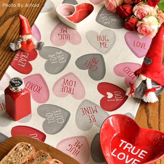 Artoid Mode Grey Pink Ture Love Heart Valentine's Table Runner, Seasonal Kitchen Dining Table Decoration for Home Party Decor 13x72 Inch