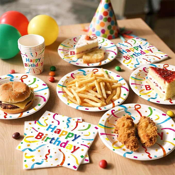 120Pcs Birthday Plates and Napkins Party Supplies Set, Serves 24 Guests Birthday Paper Plates and Napkins, Cups, Forks, Multicolor Birthday Design for Kids Boys Girls Party Decorations