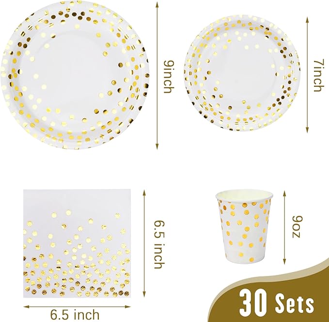 Lzerking Party Supplies Set - 210 Pieces of White and Gold Dot Paper Plates, Cups, Napkins, and Heavy Duty Silverware for 30 Guests for Birthdays, Graduation, Wedding, Festivals