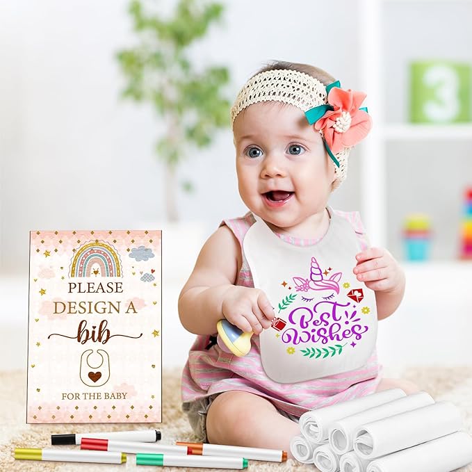 50 Pcs Baby Shower Game White Bib Kit Include 1 Wooden Baby Shower Game Sign 25 DIY Blank White Bibs 24 Colorful Markers(Boho)