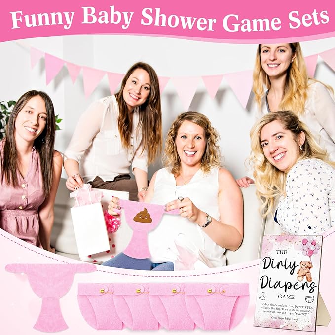 Roowest 51 Pcs Dirty Diaper Baby Shower Games Funny Wooden Sign with 50 Pcs Mini Diapers Cute Felt for Gender Reveal Party Baby Shower(Pink Bear)