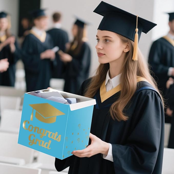 Graduation Card Box Holder, Congrats Grad Foldable Cardboard Decorations Box for Graduation Party Decoration and Grad Parties (Sky Blue)