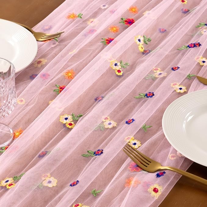Socomi Embroidery Daisy Spring Easter Floral Wildflower Tulle Gauze CheeseclothTable Runners for Wedding Party Baby Shower Birthday Holiday Picnic Home Decor Pink 3pcs