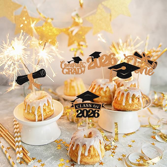 2026 Graduation Cupcake Toppers, 36 pack Orange Glitter Class of 2026 Congrats Grad Diploma Cap Cupcake Picks for 2026 Graduation Party decorating Supplies