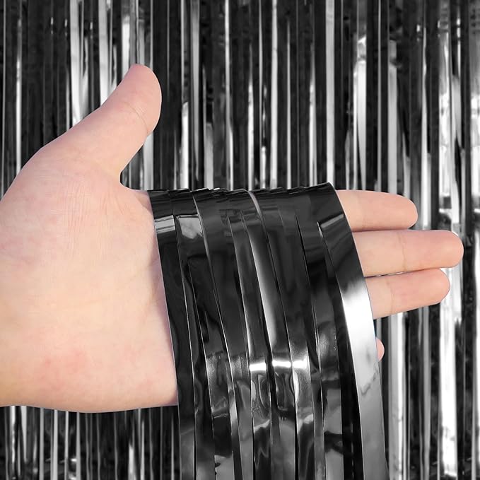 2 Pack Fringe Curtains Backdrops, Foil Fringe Curtains, Door Streamers for Birthday Wedding Bridal Shower Holiday Graduation Party Decorations, Photo Booth Backdrops, Black