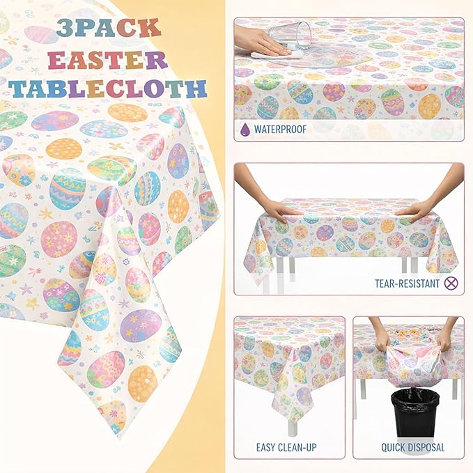 Easter Tablecloth Plastic 3 Pcs Colorful Eggs Table Cloth 54x108 Inch Disposable Decorations Rectangle Spring Easters Egg Table Cover for Easters Tables for Spring Easter-Themed Party (Easter)