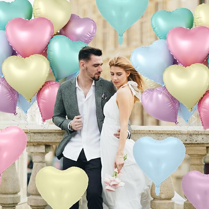 Pastel Heart Balloons, 10 Pcs Macaron Heart Shape Balloon, 18 Inch Pastel Pink Purple Teal Blue Yellow Foil Valentines Balloons for Kids Candy Birthday Wedding Baby Shower Easter Party Decorations
