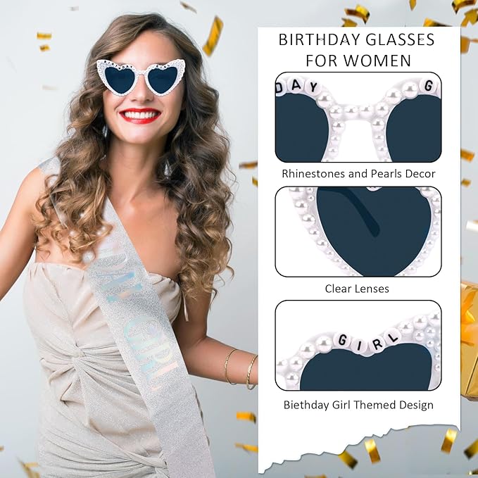 Birthday Girl Sash & Glasses Set, Birthday Sash for Women Girls, Silver 70.8" x 3.75", Happy Birthday Accessories Party Favors Set for Women Girls