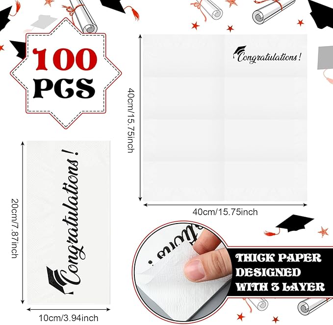 100 Set Graduation Congratulation Guest Napkins Black Rolled Silverware Disposable Grad Award Dinner Napkin with Ribbon and Scissors for Celebration