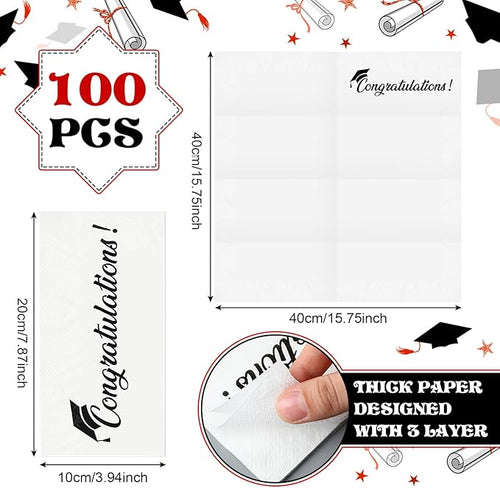 100 Set Graduation Congratulation Guest Napkins Black Rolled Silverware Disposable Grad Award Dinner Napkin with Ribbon and Scissors for Celebration