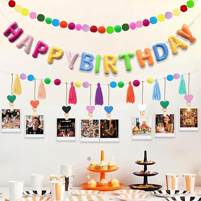 Pre-Strung Happy Birthday Banner, Felt Happy Birthday Garland, Pompom Ball Garland, Colorful Thread Tassel Banner with Photo Clips, Reusable Party Decorations for Party Decor, Photo Prop