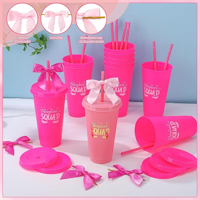 12 Pcs Sleepover Party Cups with Lids Straws and Bows 24 oz Plastic Coffee Tumbler for Spa Birthday Sleepover Party Supplies Girls