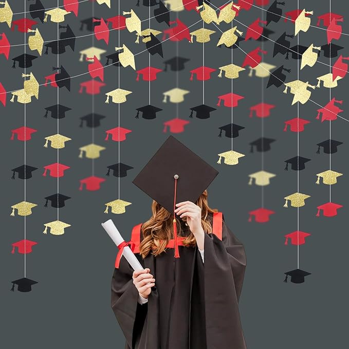 Red and Black Gold Graduation Garland Graduation Party Decorations Class of 2026 Grad Cap Garland Banner Streamers for Grad Party Hanging Decorations 39Feet