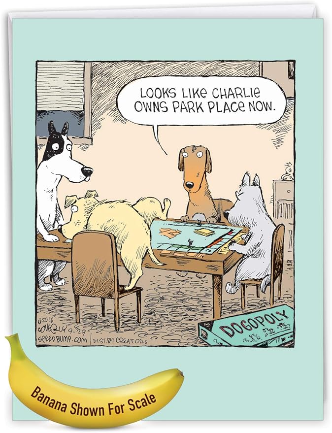NobleWorks - 1 Big Funny Birthday Card Cartoon (8.5 x 11 Inch) - Jumbo Dog Comic Humor, Group Greeting Card with Envelope - Dogopoly J3986BDG