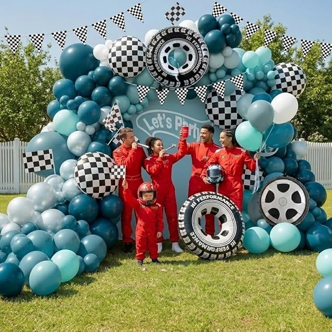 Race Car Balloon Arch Garland Kit 152Pcs Dusty/Peacock/Teal Blue and White Balloons with Wheel Checkered Foil Balloons and Checkered Flag Banner for Two Fast Birthday Party Decorations