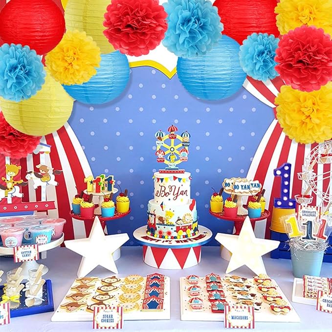 Carnival Circus Party Decorations, Red Yellow Blue Paper Lanterns and Pom Poms Flowers for Birthday Baby Showers Carnival Theme Rainbow Party Decor 15 Pieces