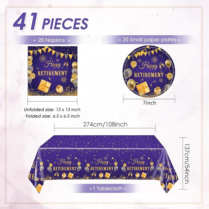 41PCS Retirement Party decorations Purple and Gold Disposable Tablerware Decoration Favors Including Paper Plates Napkins and Tablecloth Set for Women Retirement Table Decorations Party Supplies