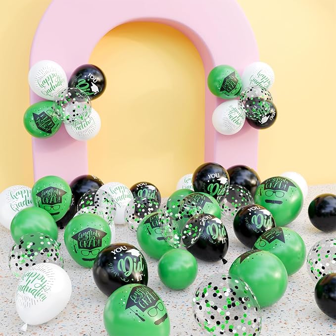 OuMuaMua 75 Pack Graduation Party Decorations Balloons Set - 12 Inch Black Green White Confetti Graduation Balloons with 2 Ribbons for Class of 2026 Congrats Grad Birthday Party Decor Supplies