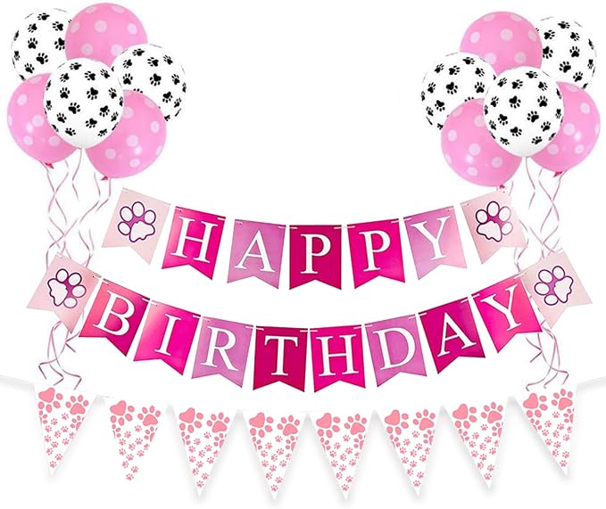 Dog Themed Puppy Paw Balloons Happy Birthday Party Banner for Girls & Women DIY Party Supplies (Pink Banner+Latex Balloon)