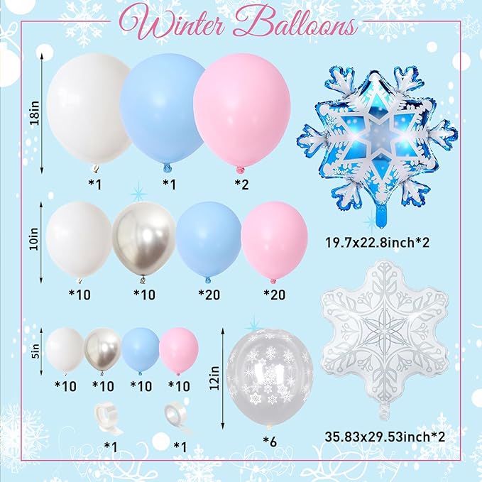 Winter Wonderland Balloon Arch Garland Kit, Light Pink Baby Blue White Balloon with Snowflake Foil Balloons for Christmas Ice Wonderland Snow Baby Shower Gender Reveal Birthday Party Decorations