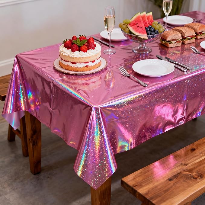4Pcs Holographic Tablecloths Rectangular Iridescent Tablecloth Shimmer Metallic Table Covers for Girls Princess Wedding Graduation Birthday Party Decorations, 54 x 108Inch (Hot Pink)