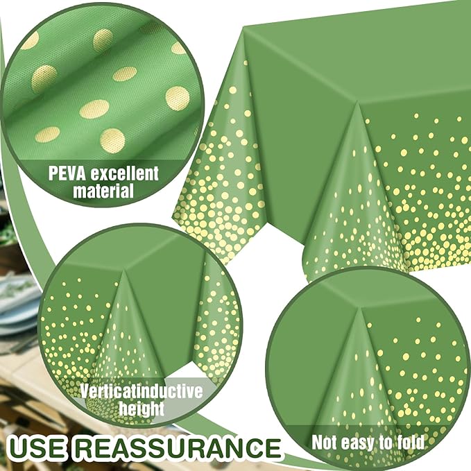 4 Pack Sage Green and Gold Plastic Tablecloth, Green Disposable Table Cloth 54"x108", Gold Dot Tablecloth for Birthday Baby Shower Graduation Party Decorations