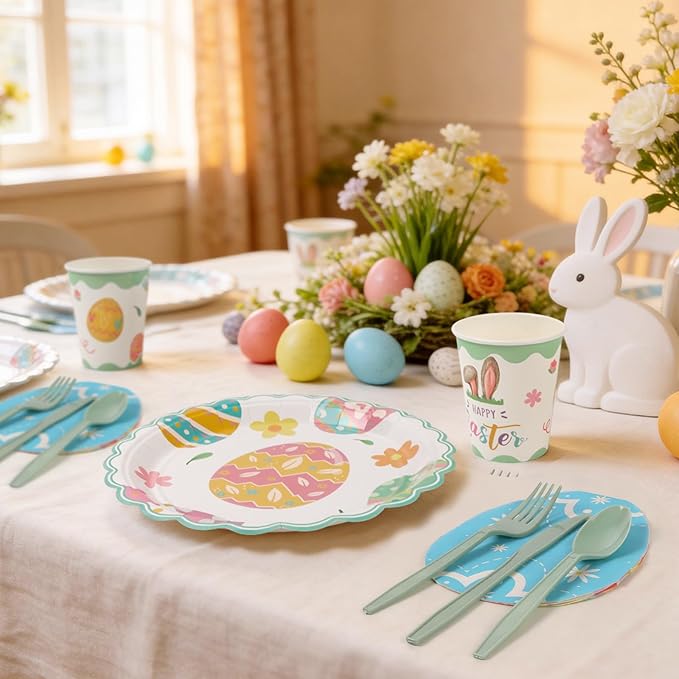 Easter Plates Party Supplies - 168Pcs Bunny Paper Plates and Egg Napkins Cups Cutlery Serve for 24 Happy Easter Rabbit Party Decorations Table Decor