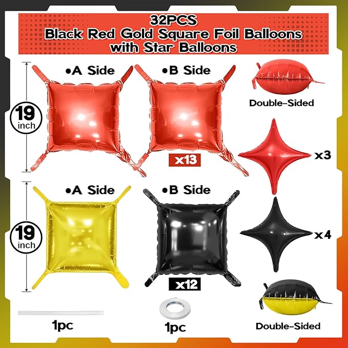 32PCS Black Red Square Foil Balloons Kit, Double Sided Red Black and Metallic Gold Balloon with Star Balloons Backdrop Flat Tunnel for Birthday Graduation Casino Game Race Car Party Decor Background