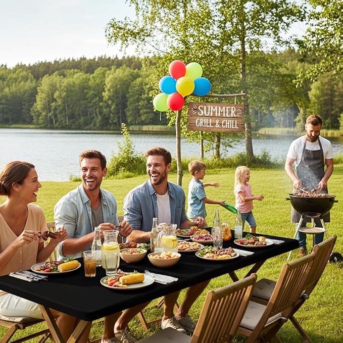 Smiry 2 Pack Rectangle Picnic Table Cloth, Waterproof Elastic Fitted Tablecloths, Washable Polyester Rectangular Patio Table Cover for Camping, Indoor and Outdoor (Black, 24"x60")