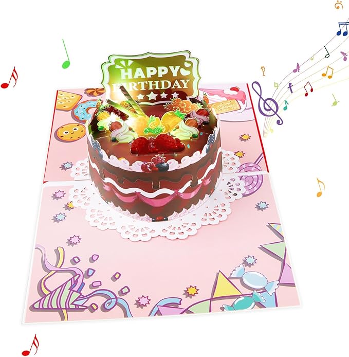 Strawberry Round Cake Music Playing Pop Up Happy Birthday Greeting Card with LED Light, Love Gift for Adult and Kid with Blank Note & Envelope, Celebration for Daughter, Son, Mom, Dad