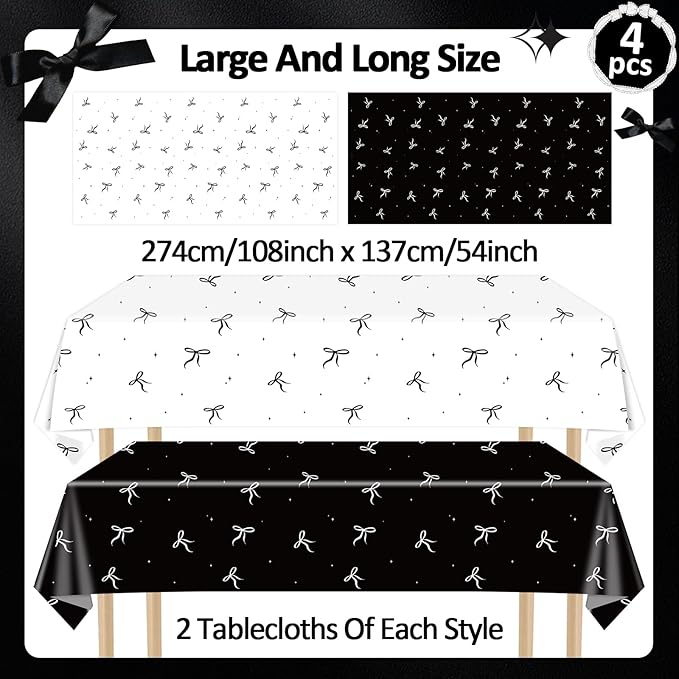 4Pcs Black Bow Birthday Party Decoration Girl Tablecloth Plastic Black White Bow Table Cloth Waterproof Rectangle Tablecover for Women Baby Shower Bachelorette Engagement Supplies 108x54in