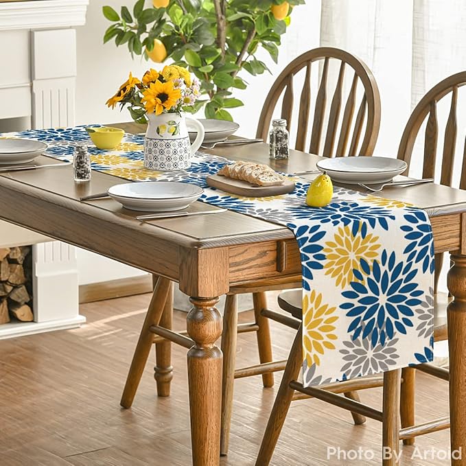 Artoid Mode Blue Dahlia Floral Pinnata Summer Table Runner, Spring Kitchen Dining Table Decoration for Home Party Decor 13x120 Inch