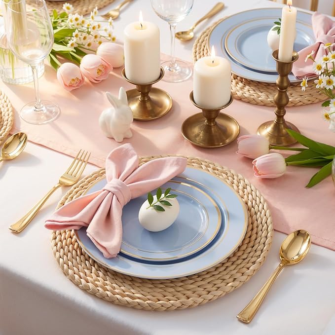 175PCS Blue Plates Disposable - Baby Blue Plastic Plates - 25Guests Plastic Dinnerware with Rolled Napkins for Wedding/Birthday/Baby Shower/Easter