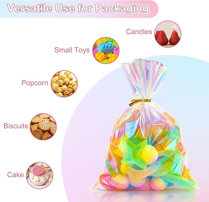 Aubeco 180Pcs Iridescent Cellophane Treat Bags with Ties, 5x7 Inch Holographic Plastic Goodie Baggies for Party Favors, Candy, Cookies Packing, Gift Wrapping