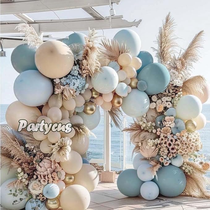 Dusty Blue White Sand Balloon Garland Double Stuffed Pastel Light Blue Cream Beige Matte Balloon Arch Kit with Gold Latex for Neutral Baby Shower Bridal Wedding Birthday Easter Party