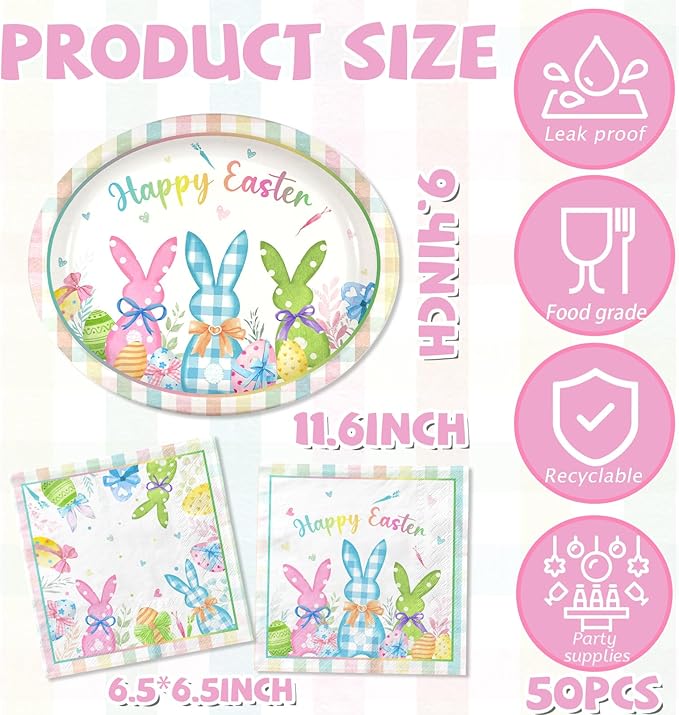 Easter Plates and Napkins,Oval Easter Paper Plates and Napkins 100pcs Oval Bunny Plate and Napkin for easter Party Supplies,Serves 50