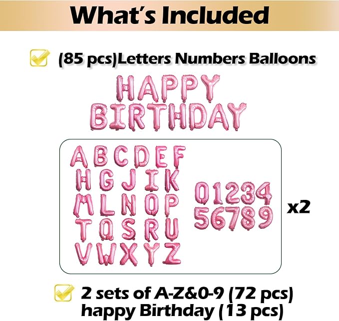 [85 PCS] 16" Pink Letter Number Balloons, Happy Birthday & 2 Sets of A-Z 0-9, Foil Mylar Aluminum Hanging Alphabet for Graduation New Year eve Birthday Party Decorations